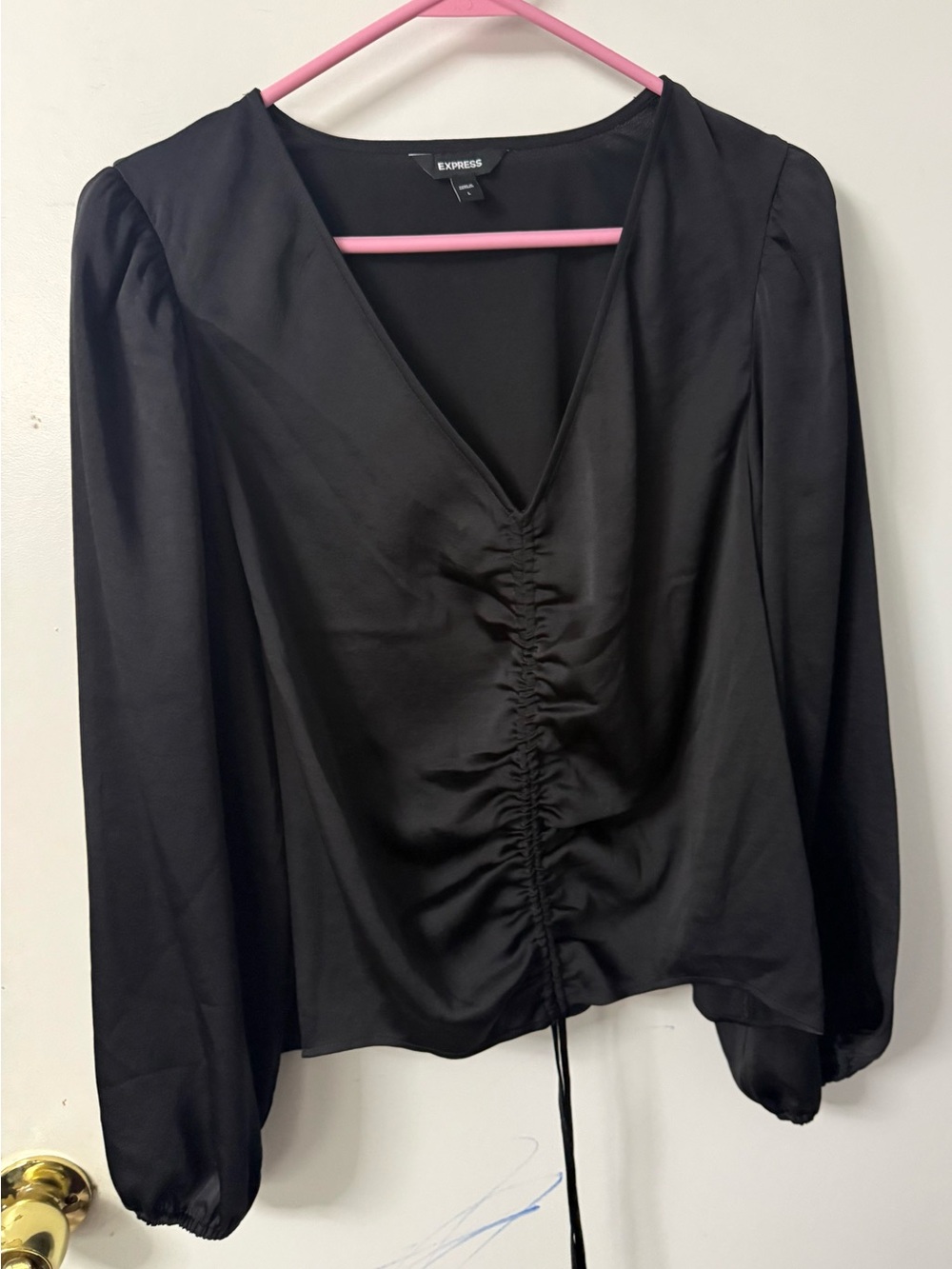 Express Black Long-Sleeve V-Neck Ruched Front Blouse